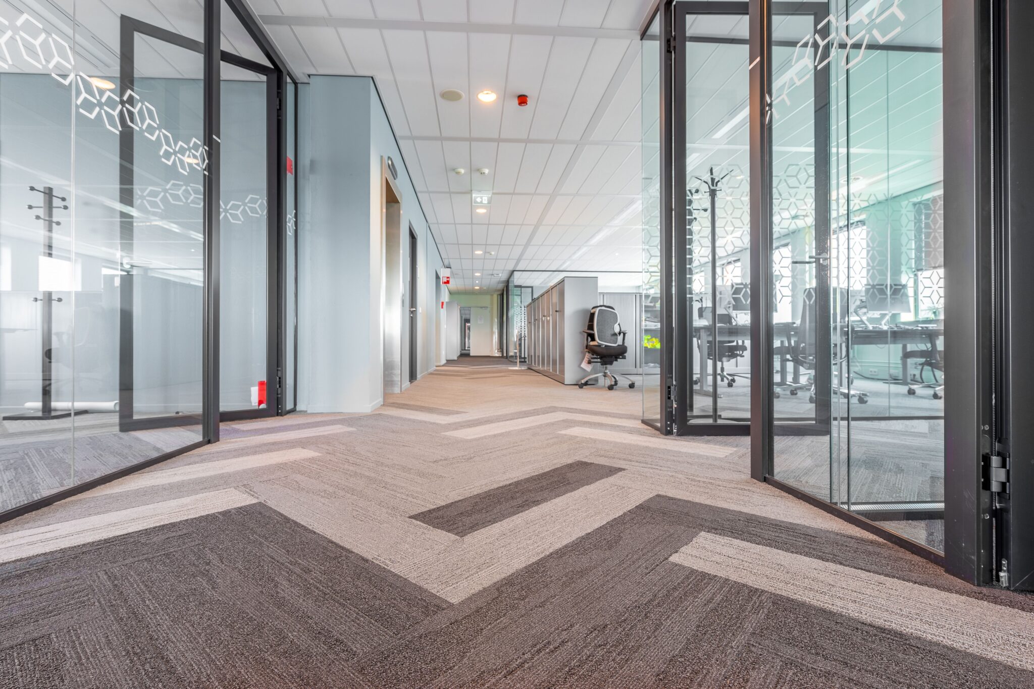 Home Spacious and bright modern office hallway with glass partitions and contemporary design.